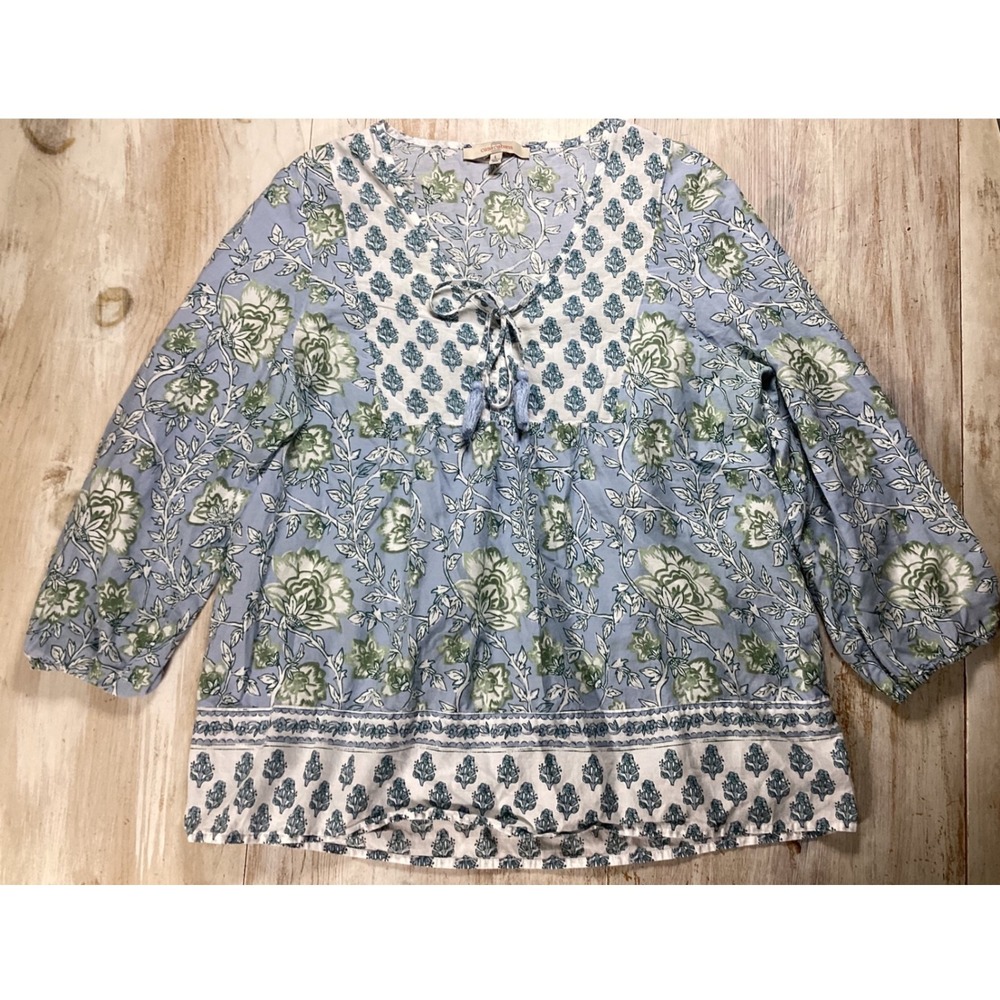 Casa Cabana Blue Floral Cotton Peasant Blouse Tassel Split Neck Top Womens L